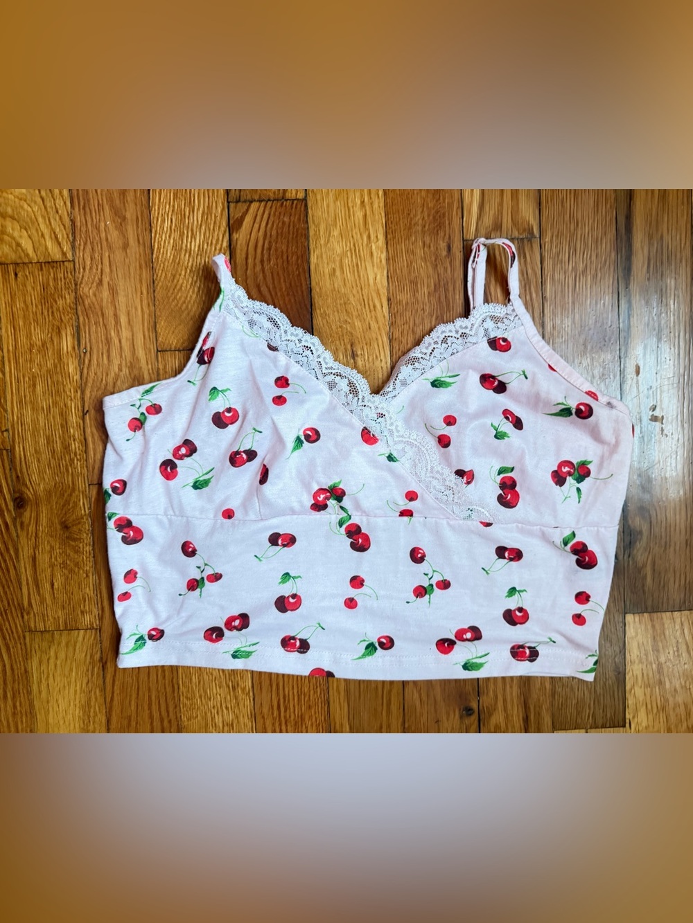 SHEIN Pink Cherry Print Lace Trim Tank Top